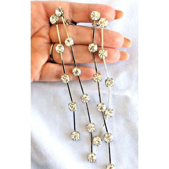 Vintage Glam Shoulder Duster Earrings Silver Tone Rhinestones 2 row 6" 80s - Picture 5 of 7